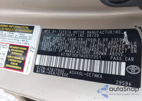 2010 Toyota Camry из США, поврежденный, VIN 4T1BF3EK1AU037051